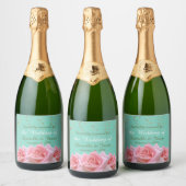 Pink Roses on Glitzy Aqua Sparkling Wine Label Schaumweinetikett (Flaschen)