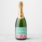 Pink Roses on Glitzy Aqua Sparkling Wine Label Schaumweinetikett (Vorderseite)