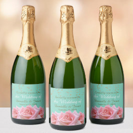 Pink Roses on Glitzy Aqua Sparkling Wine Label Schaumweinetikett