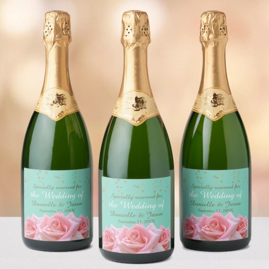Pink Roses on Glitzy Aqua Sparkling Wine Label Schaumweinetikett