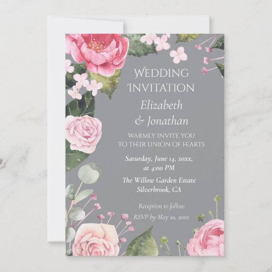 Pink Roses on Grey Customizable Wedding Invitation (Vorderseite)