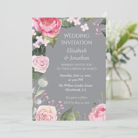 Pink Roses on Grey Customizable Wedding Invitation (Stehend Vorderseite)