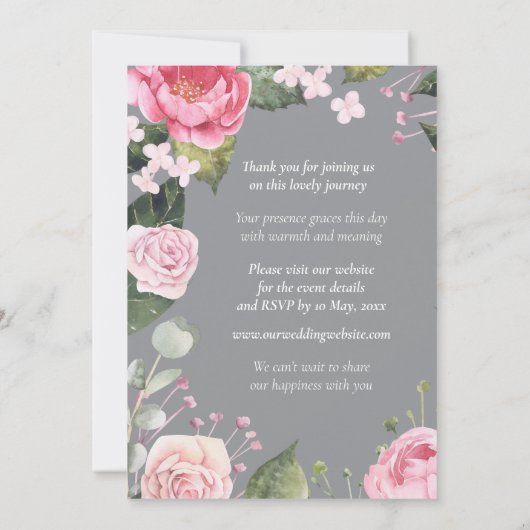 Pink Roses on Grey Customizable Wedding Invitation (Rückseite)