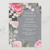 Pink Roses on Grey Customizable Wedding Invitation (Vorne/Hinten)