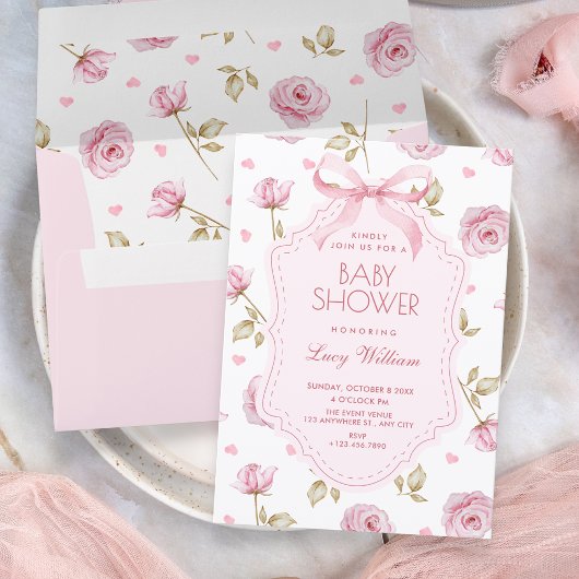Pink roses pattern bow baby shower einladung