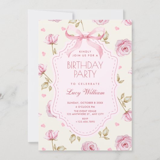 Pink roses pattern bow birthday einladung (Vorderseite)