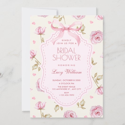 Pink roses pattern bow bridal shower einladung (Vorderseite)