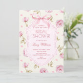Pink roses pattern bow bridal shower einladung (Stehend Vorderseite)