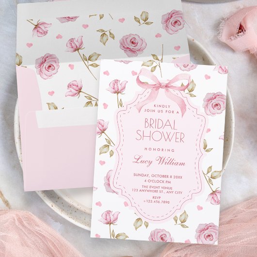 Pink roses pattern bow bridal shower einladung
