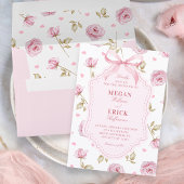 Pink roses pattern bow wedding einladung
