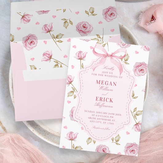 Pink roses pattern bow wedding einladung