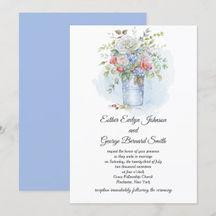 Pink Roses Poppies Blue Flowers Bouquet Wedding   Einladung
