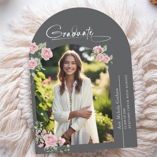 Pink Roses Script Photo Graduation Announcement Einladung