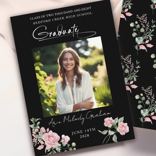 Pink Roses Script Photo Graduation Announcement Einladung