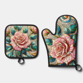 Pink Roses Stained Glass Mosaic Ofenhandschuh & Topflappen-Set