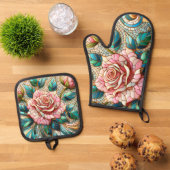 Pink Roses Stained Glass Mosaic Ofenhandschuh & Topflappen-Set (Oben Unten)
