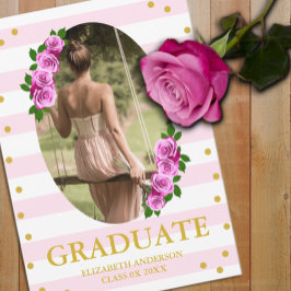 Pink Roses Striped Graduation Brunch Ankündigung