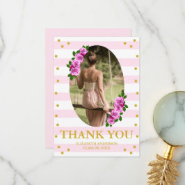 Pink Roses Striped Graduation Brunch Dankeskarte