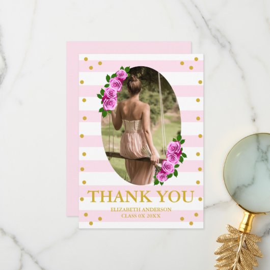 Pink Roses Striped Graduation Brunch Dankeskarte (Vorderseite/Rückseite Beispiel)