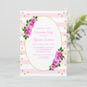 Pink Roses Striped Graduation Brunch Einladung (Stehend Vorderseite)