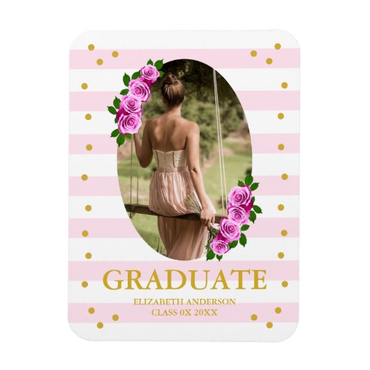 Pink Roses Striped Graduation Brunch Magnet (Vertikal)