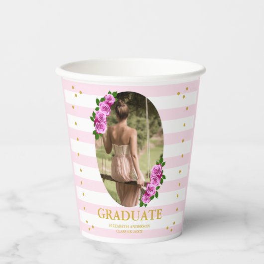 Pink Roses Striped Graduation Brunch Pappbecher (Vorderseite)