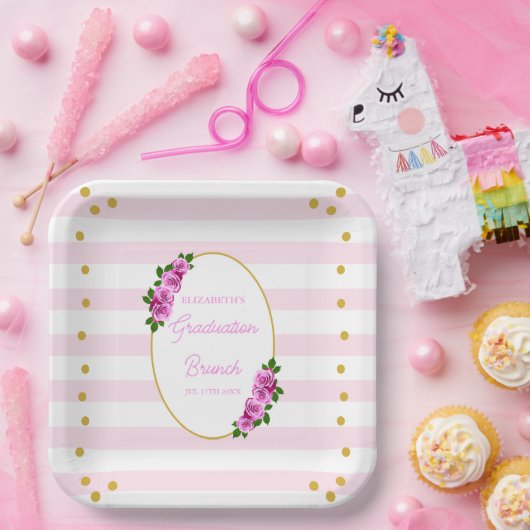 Pink Roses Striped Graduation Brunch Pappteller (Party)