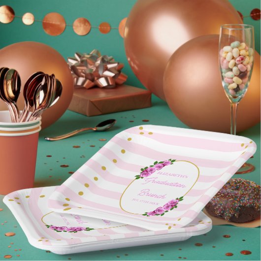 Pink Roses Striped Graduation Brunch Pappteller (Multi)