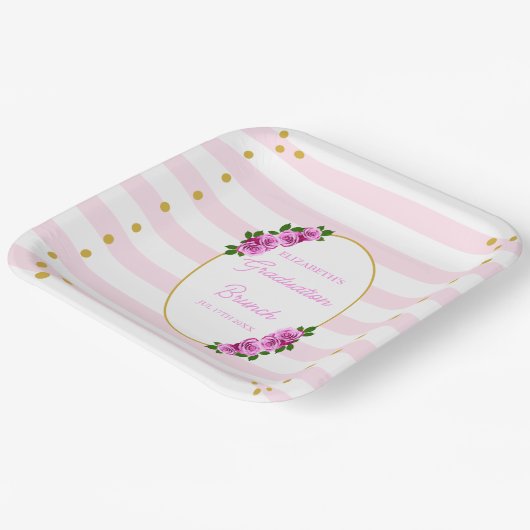 Pink Roses Striped Graduation Brunch Pappteller (Gewinkelt)