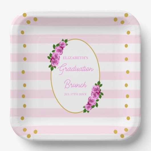 Pink Roses Striped Graduation Brunch Pappteller (Vorderseite)