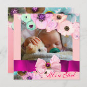 PINK ROSES UND BOW BABY SHOWY FOTOVORLAGE EINLADUNG (Vorne/Hinten)