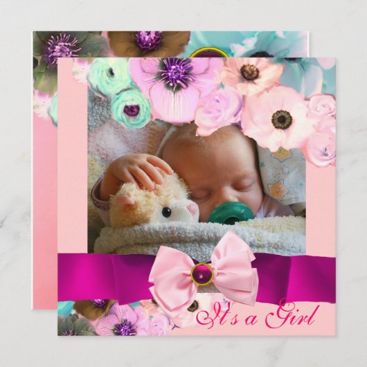 PINK ROSES UND BOW BABY SHOWY FOTOVORLAGE EINLADUNG (Vorne/Hinten)