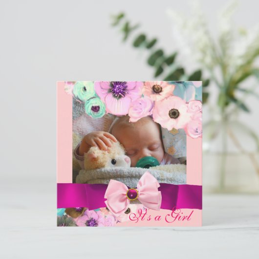 PINK ROSES UND BOW BABY SHOWY FOTOVORLAGE EINLADUNG (Stehend Vorderseite)