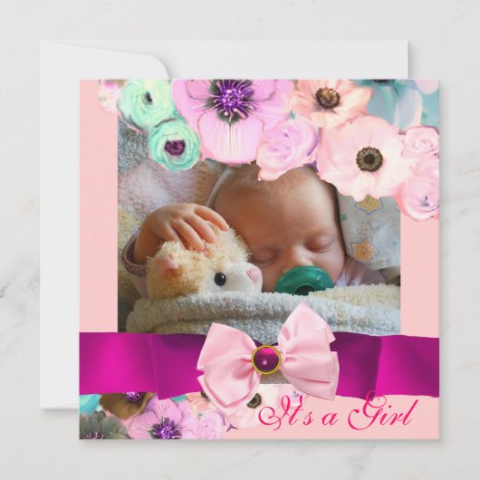 PINK ROSES UND BOW BABY SHOWY FOTOVORLAGE EINLADUNG (Vorderseite)