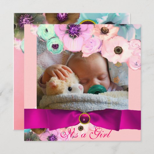 PINK ROSES UND BOW BABY SHOWY FOTOVORLAGE EINLADUNG (Vorne/Hinten)