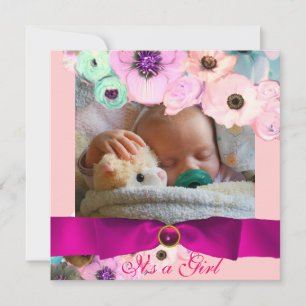 PINK ROSES UND BOW BABY SHOWY FOTOVORLAGE EINLADUNG