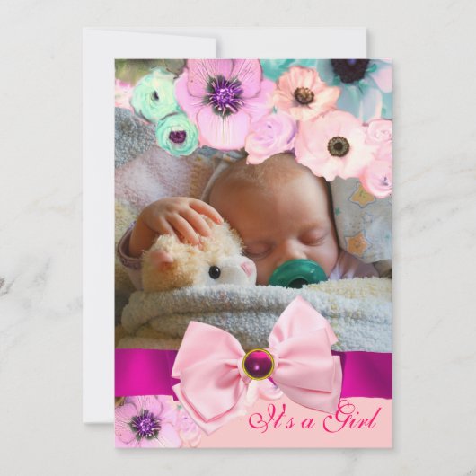 PINK ROSES UND BOW BABY SHOWY FOTOVORLAGE EINLADUNG (Vorderseite)