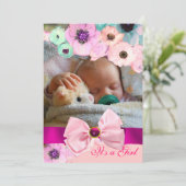 PINK ROSES UND BOW BABY SHOWY FOTOVORLAGE EINLADUNG (Stehend Vorderseite)