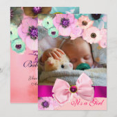 PINK ROSES UND BOW BABY SHOWY FOTOVORLAGE EINLADUNG (Vorne/Hinten)