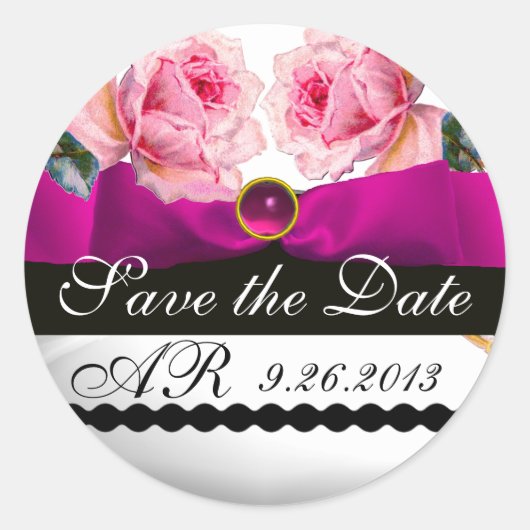 PINK ROSES UND FUCHSIA RIBBON MONOGRAMM RUNDER AUFKLEBER (Vorderseite)