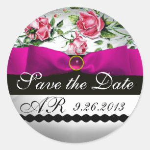 PINK ROSES UND FUCHSIA RIBBON MONOGRAMM RUNDER AUFKLEBER