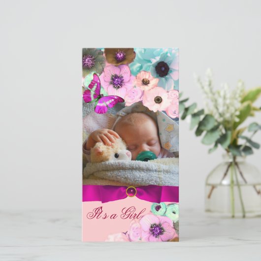 PINK ROSES UND SCHALTFLÄCHE NEUE BABY FOTOVORLAGE ANKÜNDIGUNG (Stehend Vorderseite)