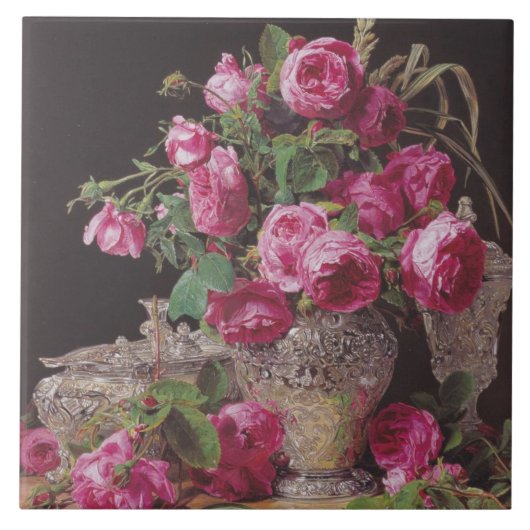 Pink Roses (von Ferdinand Georg Waldmüller) Fliese (Vorderseite)