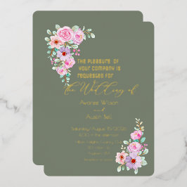 Pink Roses Warm Eucalyptus Green  Folieneinladung