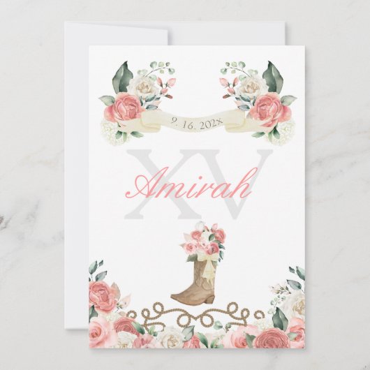 Pink Roses Western Charro Cowgirl Quinceañera Einladung (Rückseite)