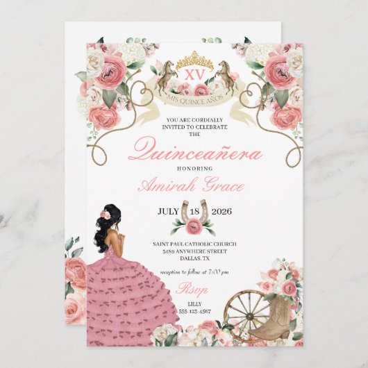 Pink Roses Western Charro Cowgirl Quinceañera Einladung (Vorne/Hinten)