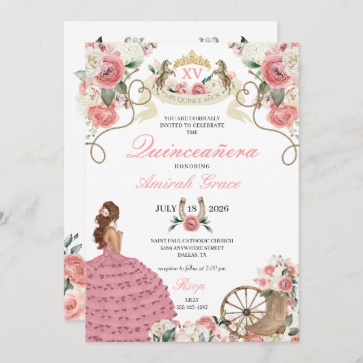 Pink Roses Western Charro Cowgirl Quinceañera Einladung (Vorne/Hinten)
