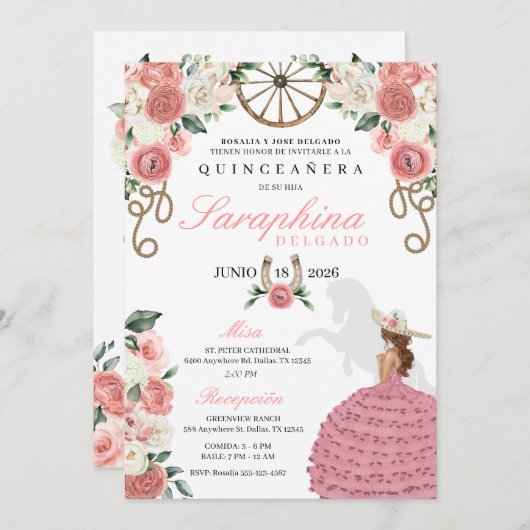 Pink Roses Western Mariachi Cowgirl Quinceañera Einladung (Vorne/Hinten)