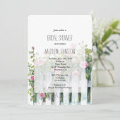 Pink Roses White Picket Fence Bridal Shower Einladung (Stehend Vorderseite)