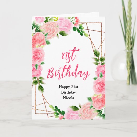 Pink Roses with Foliage Birthday Karte (Vorderseite)